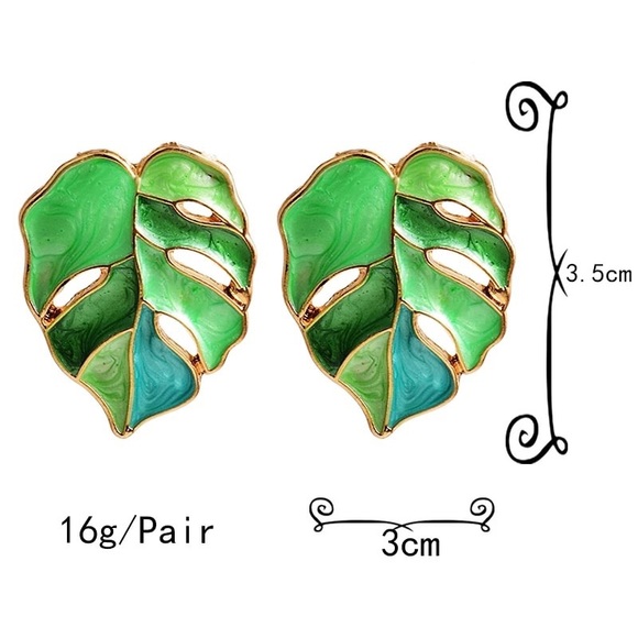 Monstera Tropical leaf earrings enamel boho chic - Picture 5 of 6